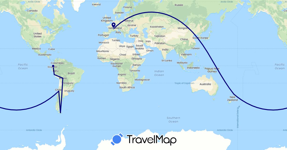 TravelMap itinerary: driving in Argentina, Bolivia, Switzerland, Chile, Ecuador, New Zealand, Peru (Europe, Oceania, South America)
