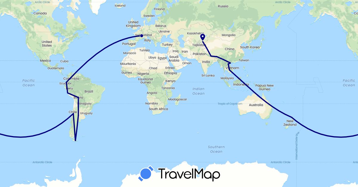 TravelMap itinerary: driving in Argentina, Bolivia, Bhutan, Switzerland, Chile, Ecuador, Kyrgyzstan, Cambodia, Laos, Nepal, New Zealand, Peru, Vietnam (Asia, Europe, Oceania, South America)